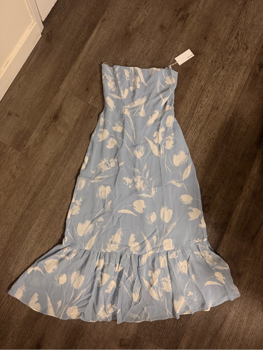 Strapless Light Blue Floral Midi Dress